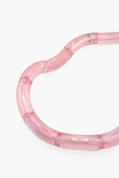 Collier Fraise Bourjeone en perles tube de verre rose irisé