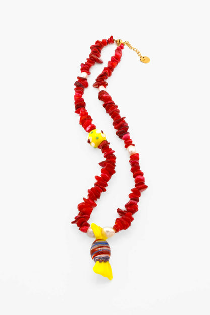 Collier artisanal Bourjeone avec pendentif bonbon jaune en verre