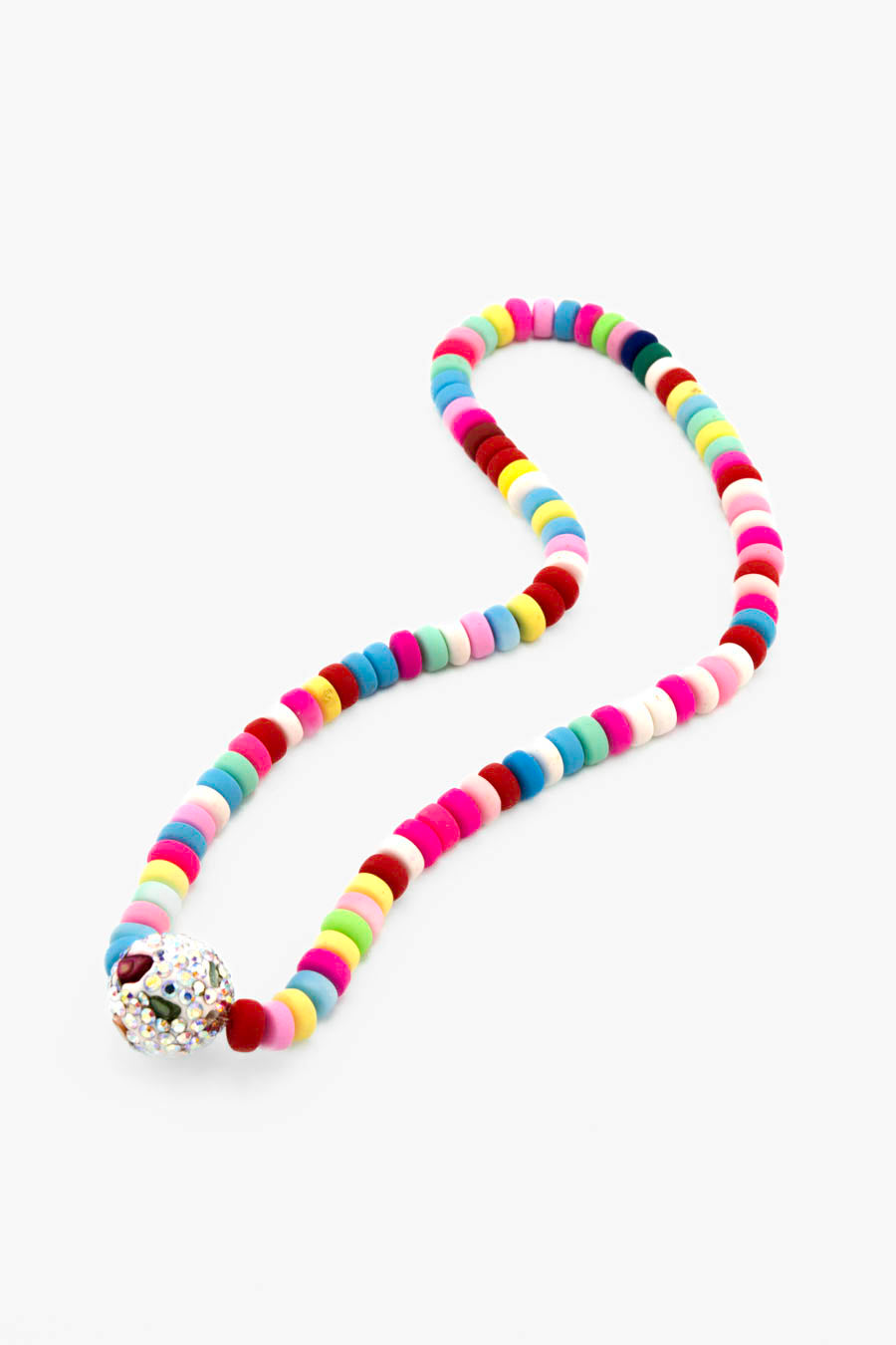 Collier artisanal Bourjeone, perles pastel et boule strassée argentée