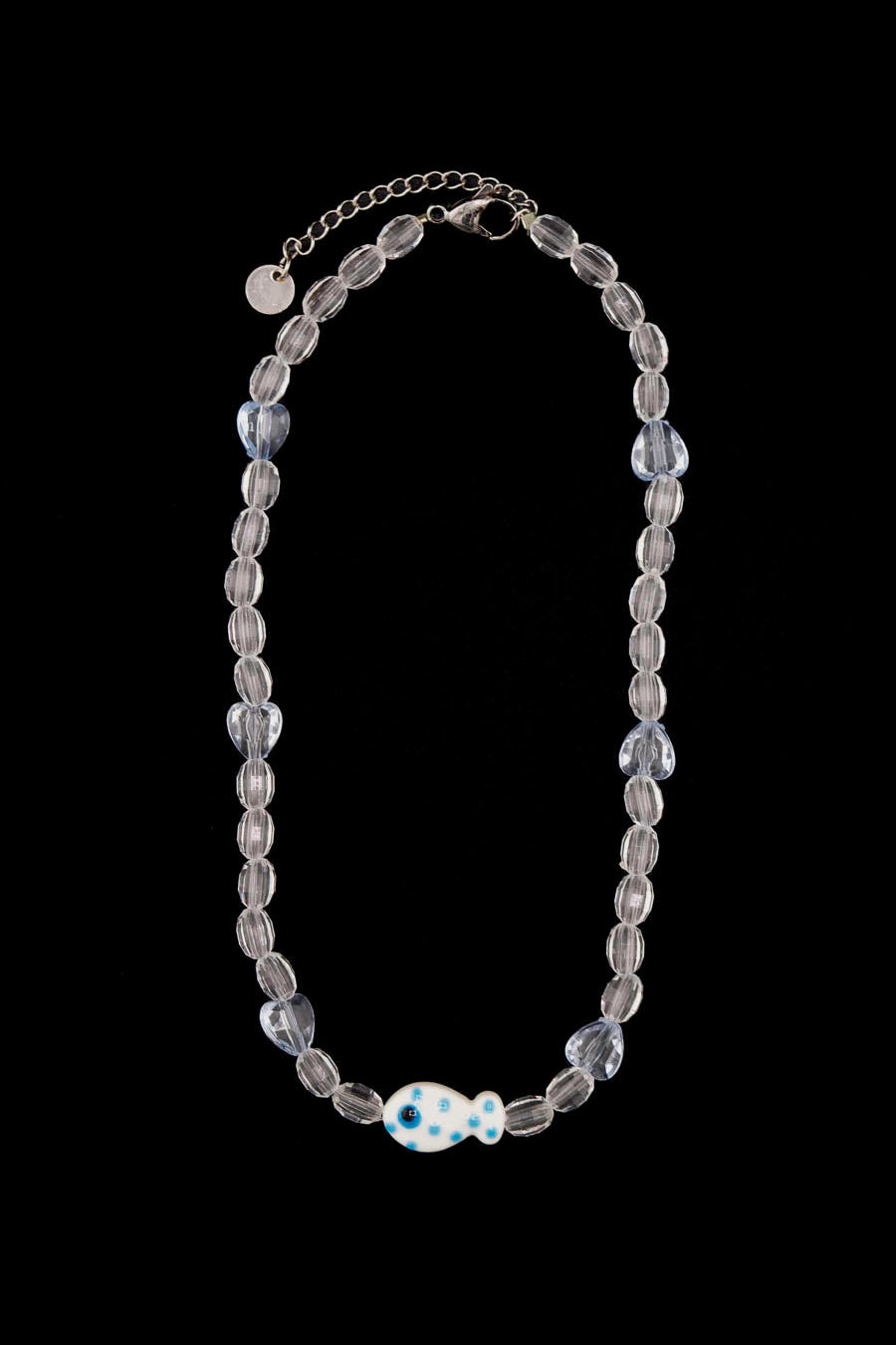 Collier Ceviche Bourjeone en perles transparentes avec pendentif poisson en céramique