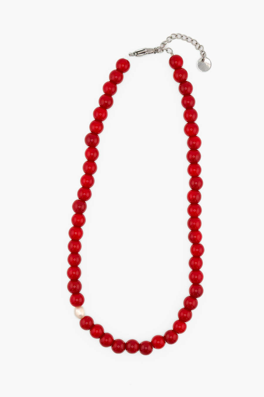 Collier Bourjeone fait main, perles rouges brillantes et touche nacrée