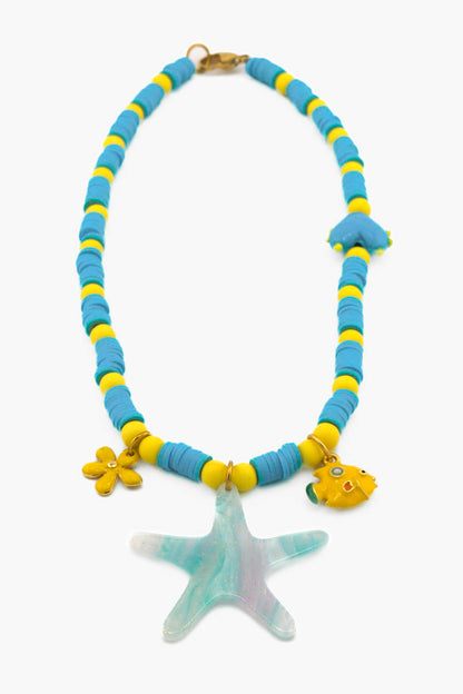 Collier Granitas Bourjeone, perles heishi bleues et jaunes avec pendentif étoile de mer