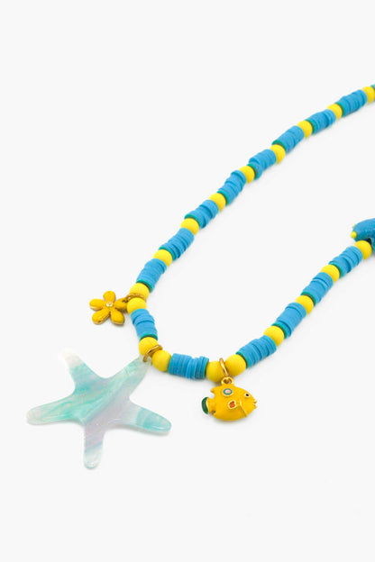 Collier Granitas Bourjeone en perles bleues et jaunes avec pendentif étoile de mer