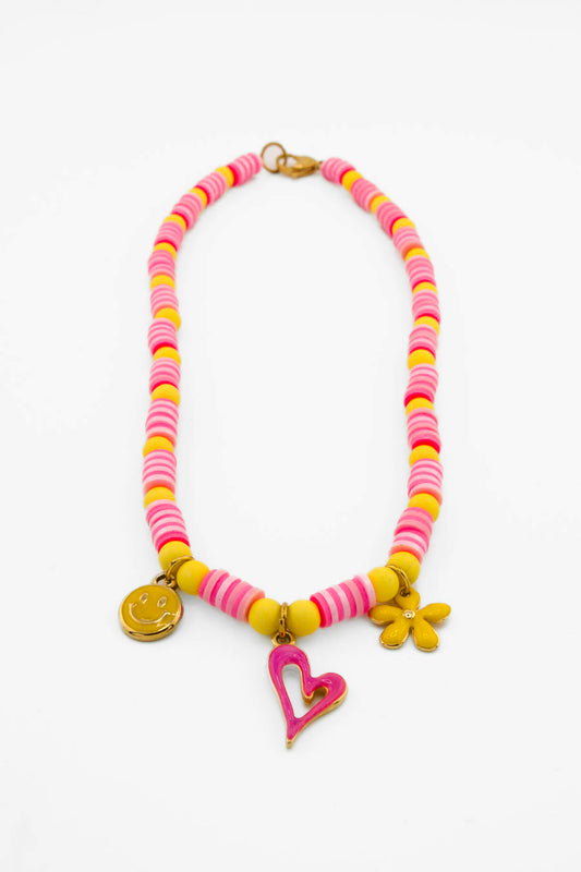 Collier Pink Lemonade Bourjeone, perles rose et jaune avec breloques cœur, fleur et smiley doré