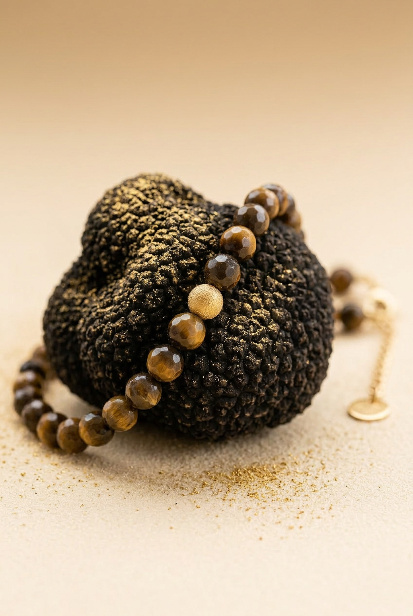 Collier de luxe Truffe en perles d'œil de tigre facettées entourant une truffe noire, soulignant l'aspect précieux et terreux du bijou.