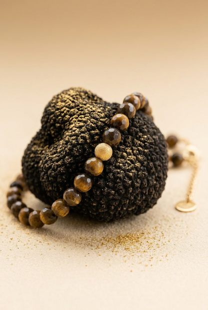 Collier de luxe Truffe en perles d'œil de tigre facettées entourant une truffe noire, soulignant l'aspect précieux et terreux du bijou.