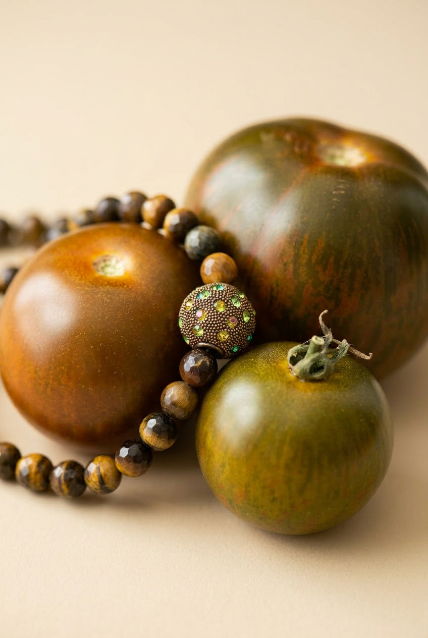 Gros plan du collier Gravy unisex, mêlant perles facettées en œil de tigre brun et une perle centrale ornée de strass multicolores, posé audacieusement à côté de tomates noires.